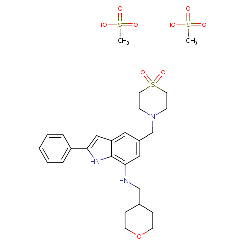 O=S1(=O)CCN(CC1)Cc1cc(NCC2CCOCC2)c2c(c1)cc([nH]2)c1ccccc1.CS(=O)(=O)O.CS(=O)(=O)O