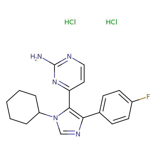 Nc1nccc(n1)c1n(cnc1c1ccc(cc1)F)C1CCCCC1.Cl.Cl