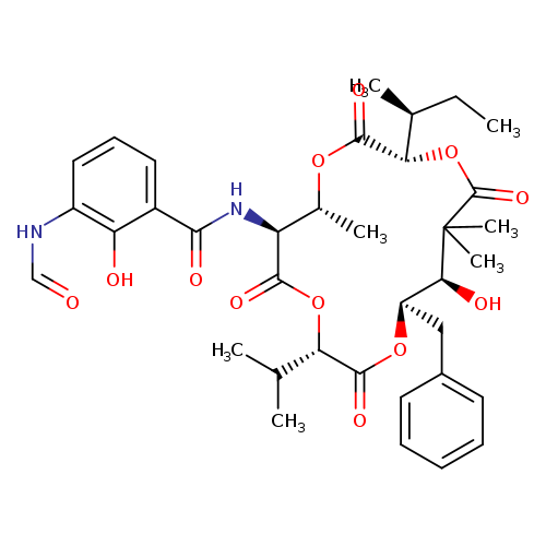 O=CNc1cccc(c1O)C(=O)N[C@@H]1C(=O)O[C@@H](C(C)C)C(=O)O[C@H](Cc2ccccc2)[C@@H](C(C(=O)O[C@H](C(=O)O[C@@H]1C)[C@H](CC)C)(C)C)O