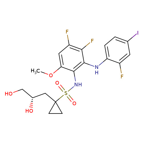OC[C@H](CC1(CC1)S(=O)(=O)Nc1c(OC)cc(c(c1Nc1ccc(cc1F)I)F)F)O