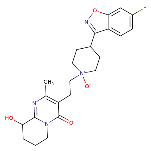 Fc1ccc2c(c1)onc2C1CC[N+](CC1)([O-])CCc1c(C)nc2n(c1=O)CCCC2O
