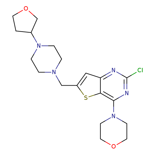 Clc1nc2cc(sc2c(n1)N1CCOCC1)CN1CCN(CC1)C1COCC1