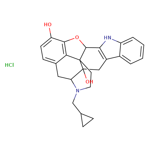 Oc1ccc2c3c1OC1C43CCN(C(C2)C4(O)Cc2c1[nH]c1c2cccc1)CC1CC1.Cl
