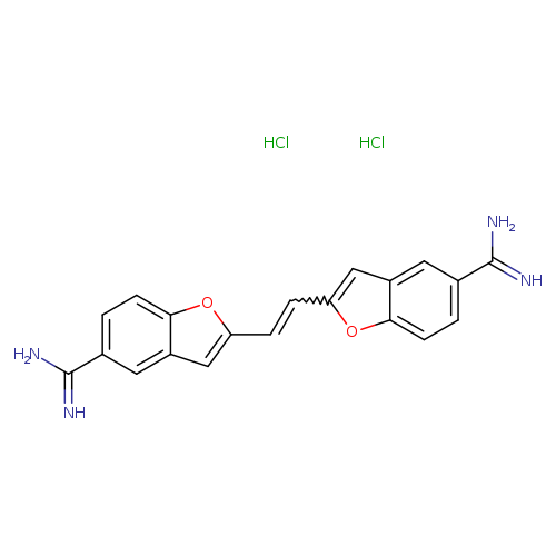 NC(=N)c1ccc2c(c1)cc(o2)C=Cc1cc2c(o1)ccc(c2)C(=N)N.Cl.Cl