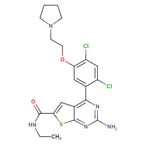 CCNC(=O)c1sc2c(c1)c(nc(n2)N)c1cc(OCCN2CCCC2)c(cc1Cl)Cl