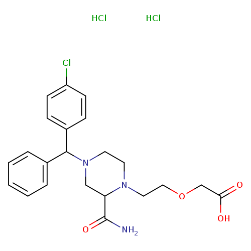 OC(=O)COCCN1CCN(CC1C(=O)N)C(c1ccc(cc1)Cl)c1ccccc1.Cl.Cl