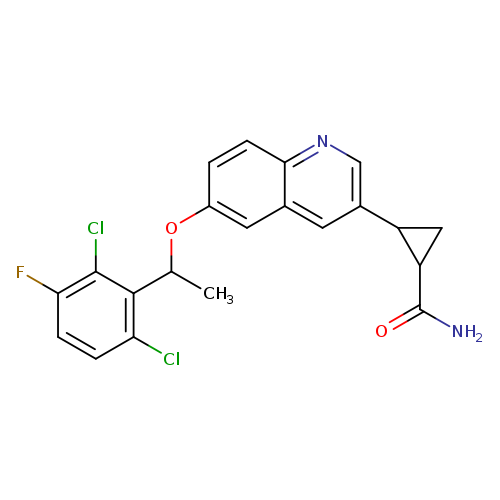 NC(=O)C1CC1c1cnc2c(c1)cc(cc2)OC(c1c(Cl)ccc(c1Cl)F)C