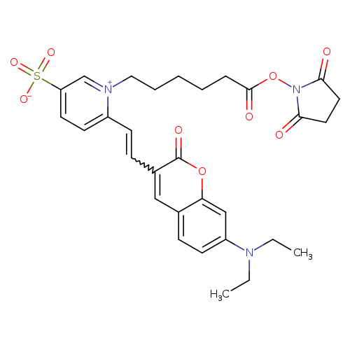 CCN(c1ccc2c(c1)oc(=O)c(c2)C=Cc1ccc(c[n+]1CCCCCC(=O)ON1C(=O)CCC1=O)S(=O)(=O)[O-])CC