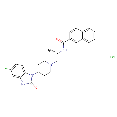 C[C@H](NC(=O)c1ccc2c(c1)cccc2)CN1CCC(CC1)n1c(=O)[nH]c2c1ccc(c2)Cl.Cl