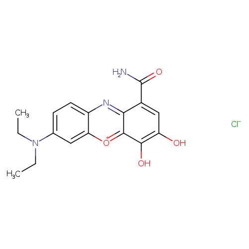 CCN(c1ccc2c(c1)[o+]c1c(n2)c(cc(c1O)O)C(=O)N)CC.[Cl-]