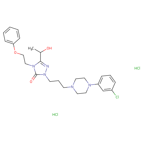 Clc1cccc(c1)N1CCN(CC1)CCCn1nc(n(c1=O)CCOc1ccccc1)C(O)C.Cl.Cl