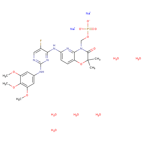 COc1cc(Nc2ncc(c(n2)Nc2ccc3c(n2)N(COP(=O)([O-])[O-])C(=O)C(O3)(C)C)F)cc(c1OC)OC.[Na+].[Na+].O.O.O.O.O.O