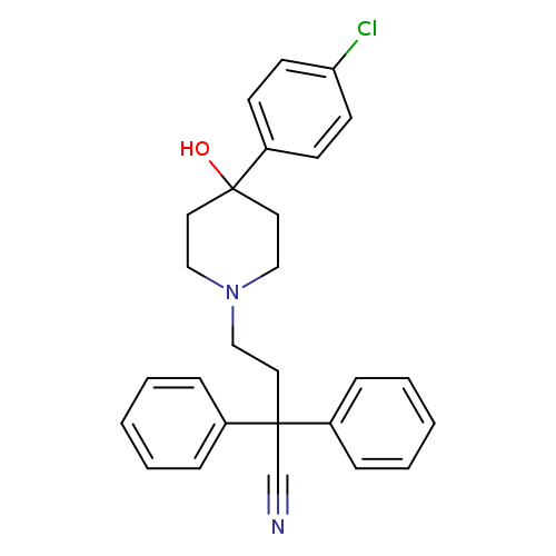 N#CC(c1ccccc1)(c1ccccc1)CCN1CCC(CC1)(O)c1ccc(cc1)Cl