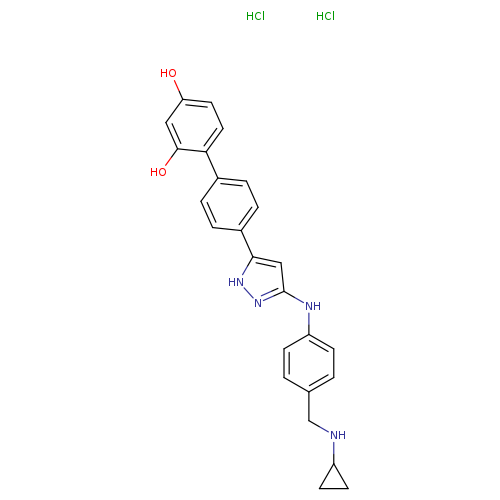 Oc1ccc(c(c1)O)c1ccc(cc1)c1[nH]nc(c1)Nc1ccc(cc1)CNC1CC1.Cl.Cl