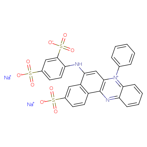 [O-]S(=O)(=O)c1ccc2c(c1)c(cc1c2nc2ccccc2[n+]1c1ccccc1)Nc1ccc(cc1S(=O)(=O)[O-])S(=O)(=O)[O-].[Na+].[Na+]