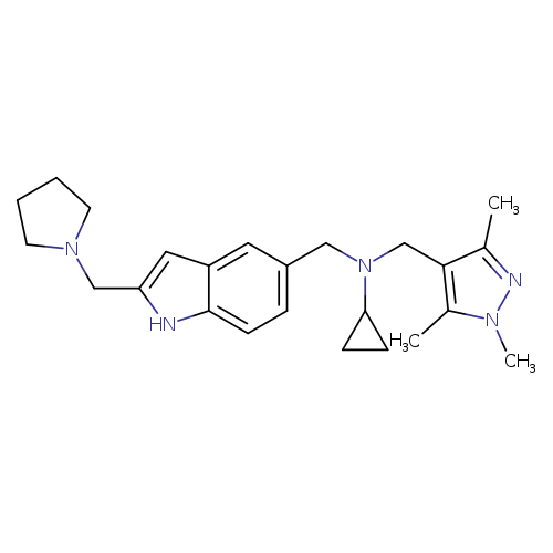 Cc1nn(c(c1CN(C1CC1)Cc1ccc2c(c1)cc([nH]2)CN1CCCC1)C)C