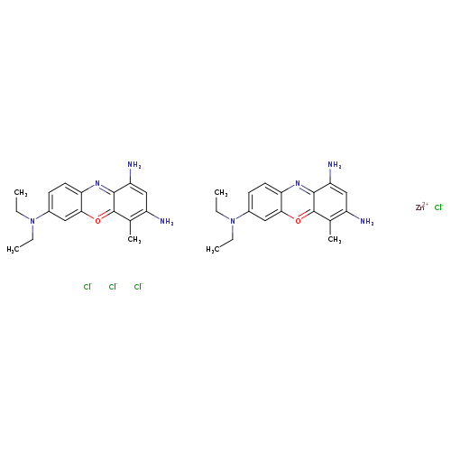 CCN(c1ccc2c(c1)[o+]c1c(n2)c(N)cc(c1C)N)CC.CCN(c1ccc2c(c1)[o+]c1c(n2)c(N)cc(c1C)N)CC.[Cl-].[Cl-].[Cl-].[Cl-].[Zn+2]