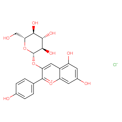 OC[C@H]1O[C@@H](Oc2cc3c(O)cc(cc3[o+]c2c2ccc(cc2)O)O)[C@@H]([C@H]([C@@H]1O)O)O.[Cl-]