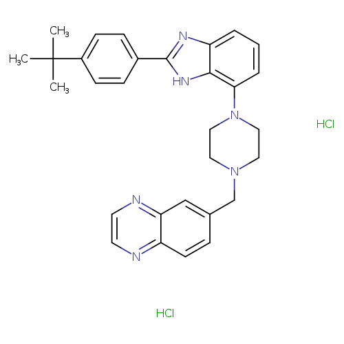 CC(c1ccc(cc1)c1[nH]c2c(n1)cccc2N1CCN(CC1)Cc1ccc2c(c1)nccn2)(C)C.Cl.Cl