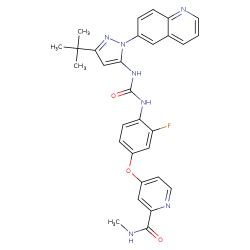 CNC(=O)c1nccc(c1)Oc1ccc(c(c1)F)NC(=O)Nc1cc(nn1c1ccc2c(c1)cccn2)C(C)(C)C