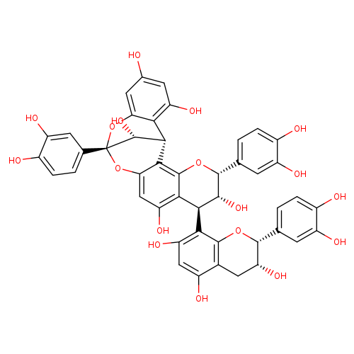 Oc1cc(O)c2c(c1)O[C@@]1([C@@H]([C@H]2c2c(O1)cc(c1c2O[C@H](c2ccc(c(c2)O)O)[C@@H]([C@H]1c1c(O)cc(c2c1O[C@@H]([C@@H](C2)O)c1ccc(c(c1)O)O)O)O)O)O)c1ccc(c(c1)O)O