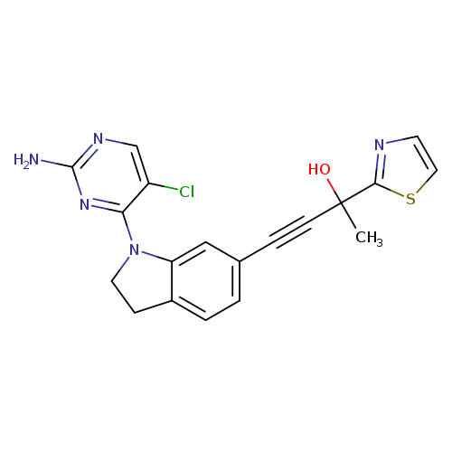 Nc1ncc(c(n1)N1CCc2c1cc(C#CC(c1nccs1)(O)C)cc2)Cl