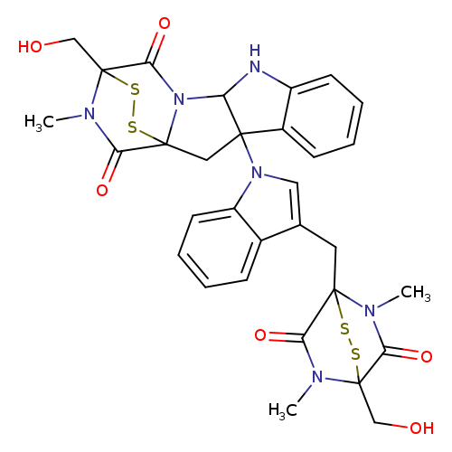 OCC12SSC(C(=O)N1C)(N(C2=O)C)Cc1cn(c2c1cccc2)C12CC34N(C2Nc2c1cccc2)C(=O)C(SS3)(N(C4=O)C)CO