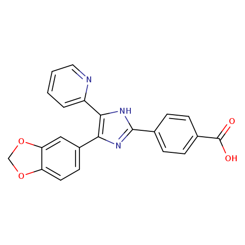 OC(=O)c1ccc(cc1)c1[nH]c(c(n1)c1ccc2c(c1)OCO2)c1ccccn1