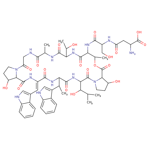 OCC(C(=O)NC1C(C)OC(=O)C2C(O)CCN2C(=O)C(NC(=O)C(NC(=O)/C(=C/c2c[nH]c3c2cccc3)/NC(=O)C2N(C(=O)CNC(=O)C(NC(=O)C(NC1=O)C(O)C)C)CCC2O)C(c1c[nH]c2c1cccc2)C)C(C(C)C)O)NC(=O)CC(C(=O)O)N
