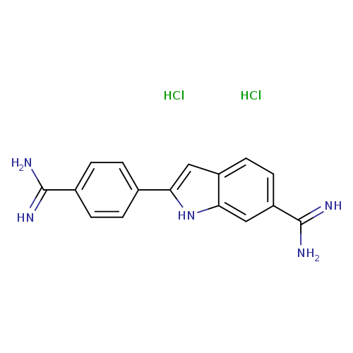 NC(=N)c1ccc(cc1)c1cc2c([nH]1)cc(cc2)C(=N)N.Cl.Cl