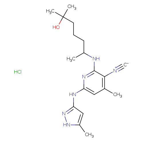 [C-]#[N+]c1c(NC(CCCC(O)(C)C)C)nc(cc1C)Nc1n[nH]c(c1)C.Cl