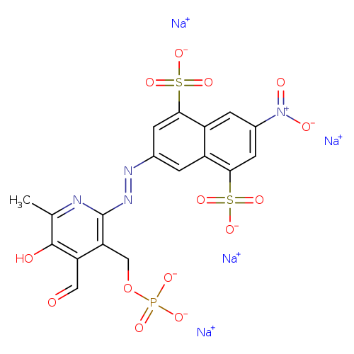 O=Cc1c(COP(=O)([O-])[O-])c(/N=N/c2cc3c(c(c2)S(=O)(=O)[O-])cc(cc3S(=O)(=O)[O-])[N+](=O)[O-])nc(c1O)C.[Na+].[Na+].[Na+].[Na+]