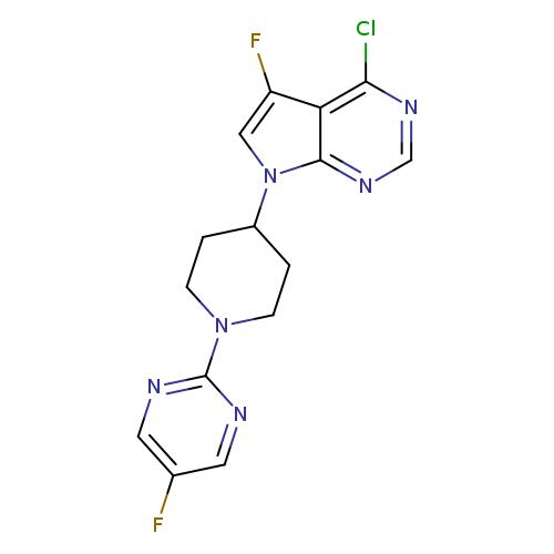 Fc1cnc(nc1)N1CCC(CC1)n1cc(c2c1ncnc2Cl)F
