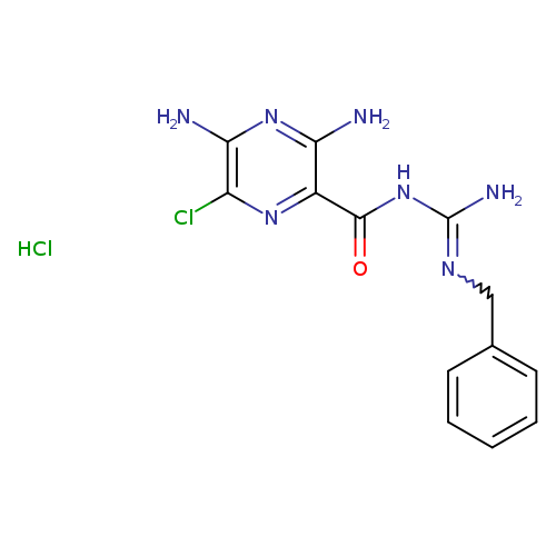 NC(=NCc1ccccc1)NC(=O)c1nc(Cl)c(nc1N)N.Cl
