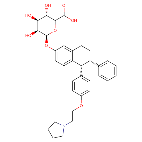 OC(=O)C1O[C@@H](Oc2ccc3c(c2)CC[C@@H]([C@@H]3c2ccc(cc2)OCCN2CCCC2)c2ccccc2)[C@H]([C@H]([C@@H]1O)O)O