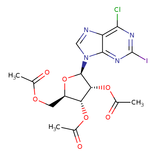 CC(=O)O[C@@H]1[C@H](OC(=O)C)[C@H](O[C@H]1n1cnc2c1nc(I)nc2Cl)COC(=O)C
