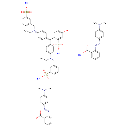 CN(c1ccc(cc1)N=Nc1ccccc1C(=O)[O-])C.CN(c1ccc(cc1)N=Nc1ccccc1C(=O)[O-])C.CC[N+](=C1C=CC(=C(c2ccc(cc2S(=O)(=O)[O-])O)c2ccc(cc2)N(Cc2cccc(c2)S(=O)(=O)[O-])CC)C=C1)Cc1cccc(c1)S(=O)(=O)[O-].[Na+].[Na+].[Na+].[Na+]