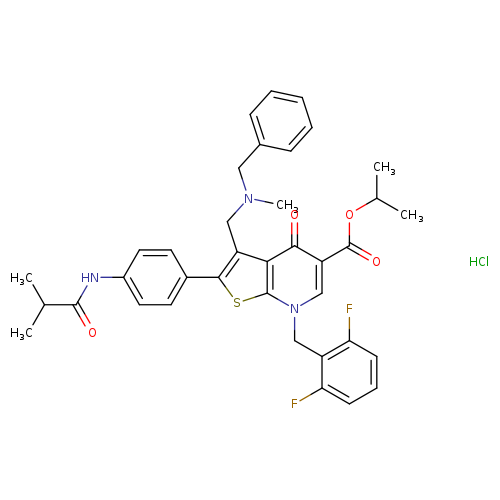 CC(OC(=O)c1cn(Cc2c(F)cccc2F)c2c(c1=O)c(CN(Cc1ccccc1)C)c(s2)c1ccc(cc1)NC(=O)C(C)C)C.Cl