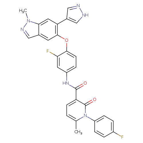 Fc1ccc(cc1)n1c(C)ccc(c1=O)C(=O)Nc1ccc(c(c1)F)Oc1cc2cnn(c2cc1c1c[nH]nc1)C