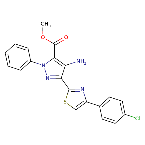 COC(=O)c1c(N)c(nn1c1ccccc1)c1scc(n1)c1ccc(cc1)Cl