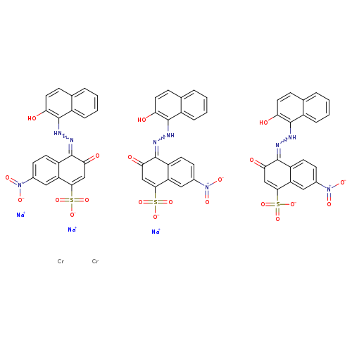 O=C1C=C(c2c(C1=NNc1c(O)ccc3c1cccc3)ccc(c2)[N+](=O)[O-])S(=O)(=O)[O-].O=C1C=C(c2c(C1=NNc1c(O)ccc3c1cccc3)ccc(c2)[N+](=O)[O-])S(=O)(=O)[O-].O=C1C=C(c2c(C1=NNc1c(O)ccc3c1cccc3)ccc(c2)[N+](=O)[O-])S(=O)(=O)[O-].[Na+].[Na+].[Na+].[Cr].[Cr]