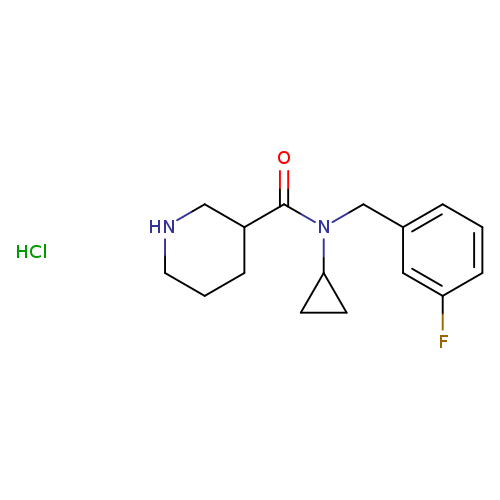 Fc1cccc(c1)CN(C(=O)C1CCCNC1)C1CC1.Cl