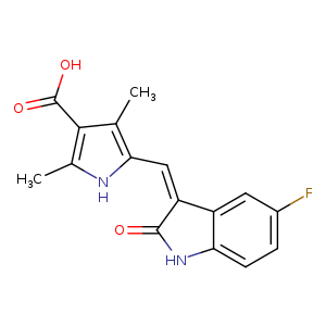 Fc1ccc2c(c1)/C(=C/c1[nH]c(c(c1C)C(=O)O)C)/C(=O)N2