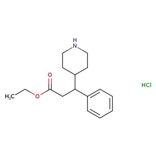 CCOC(=O)CC(c1ccccc1)C1CCNCC1.Cl