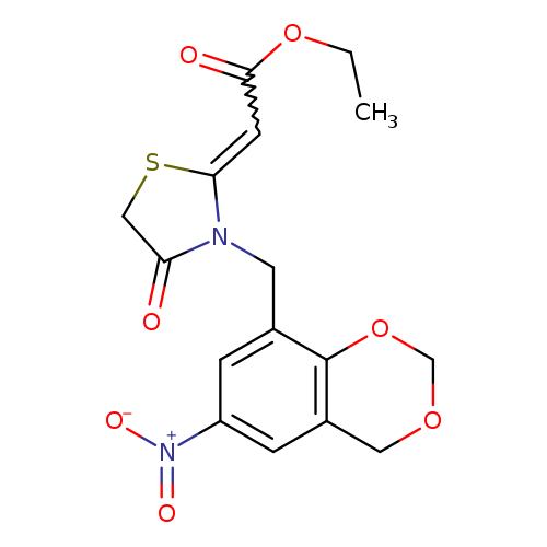 CCOC(=O)C=C1SCC(=O)N1Cc1cc(cc2c1OCOC2)[N+](=O)[O-]