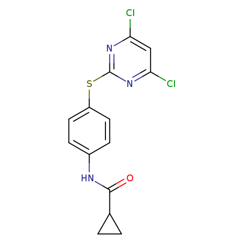 O=C(C1CC1)Nc1ccc(cc1)Sc1nc(Cl)cc(n1)Cl