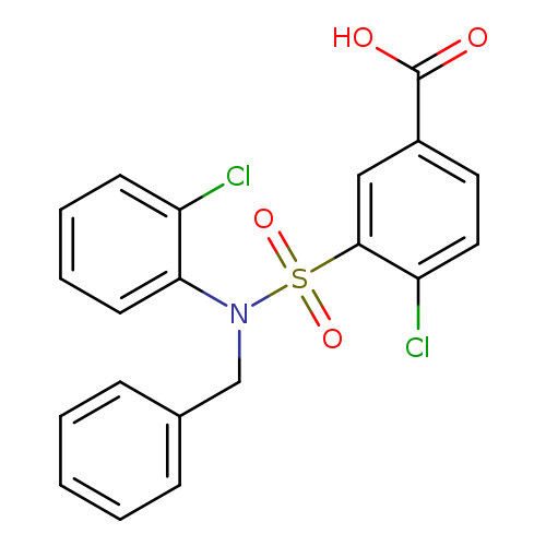 OC(=O)c1ccc(c(c1)S(=O)(=O)N(c1ccccc1Cl)Cc1ccccc1)Cl