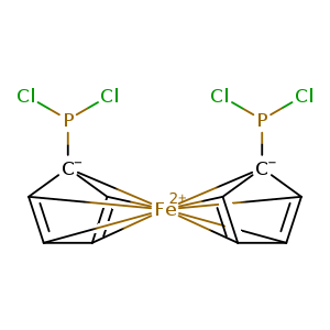 ClP([C-]12[CH]3=[CH]4[Fe+2]5678923([CH]1=[CH]45)[C-]1(P(Cl)Cl)[CH]6=[CH]8[CH]9=[CH]71)Cl