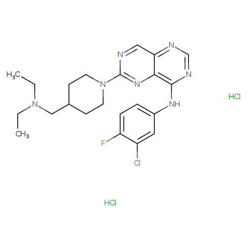 CCN(CC1CCN(CC1)c1ncc2c(n1)c(ncn2)Nc1ccc(c(c1)Cl)F)CC.Cl.Cl