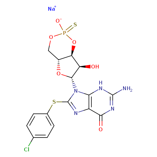 O[C@@H]1[C@@H]2OP(=S)([O-])OC[C@H]2O[C@H]1n1c(Sc2ccc(cc2)Cl)nc2c1[nH]c(N)nc2=O.[Na+]